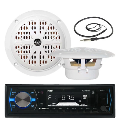 6.5" White Pyle 120W Marine Speakers, Pyle USB AM FM Marine AUX Radio, Antenna - Image 1 of 4