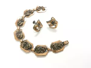 Vtg Copper Tragedy Comedy Happy Sad Link Bracelet Screw Back Earring Set S29F - Picture 1 of 8