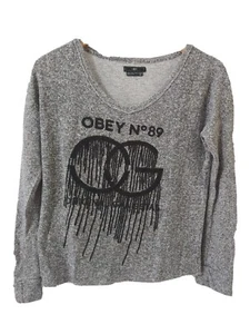 Obey No 89 Sweatshirt Womens XS Pullover Long Sleeve Gray Speckled Fringe - Picture 1 of 5
