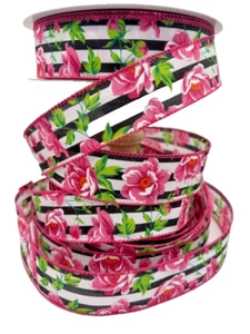 Peony Pink Peonies Flowers Cabana Stripe Ribbon 1.5" Wired Edge Black White 5 YD - Picture 1 of 2