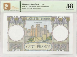 1938 Morocco 100 Francs BANKNOTE CURRENCY AU - Picture 1 of 2