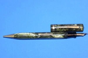 Vintage Waltham Green Marble Banker Fountain Pen Mechanical Pencil Combo 14K Nib - Picture 1 of 9