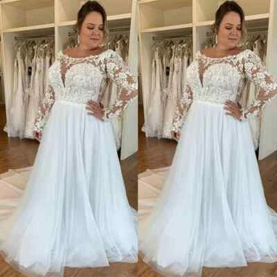 Plus Size Lace Appliques Wedding Dresses Scoop Neck A Line Bridal Gowns - Image 1 of 4