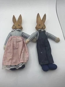German Wooden Easter Spring Rabbits - Peter & Mrs Bunny in Handmade Clothes - Picture 1 of 12