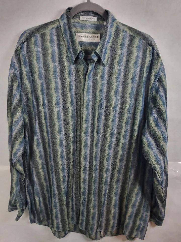 Camisa manga larga Jhane Barnes para hombre azul/verde/gris abstracta a rayas verticales talla Foto 1 de 4