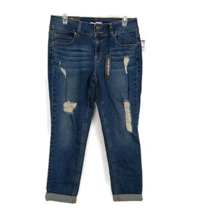 Neu mit Etikett Refuge Damengröße 10 Jeans blau Denim dunkle Waschung verwaschen Distress kurz Boyfriend - Bild 1 von 8