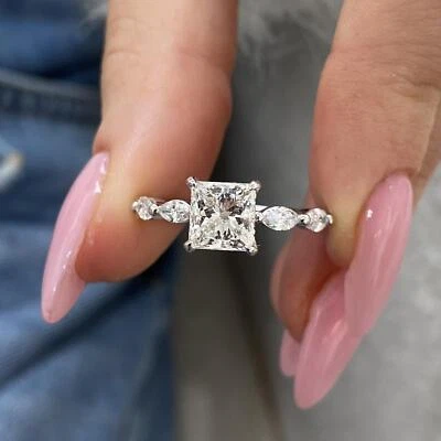 14K White Gold Solitaire w/ Side Stone Ring 2.10ct Princess Lab Created Diamond - Image 1 of 4