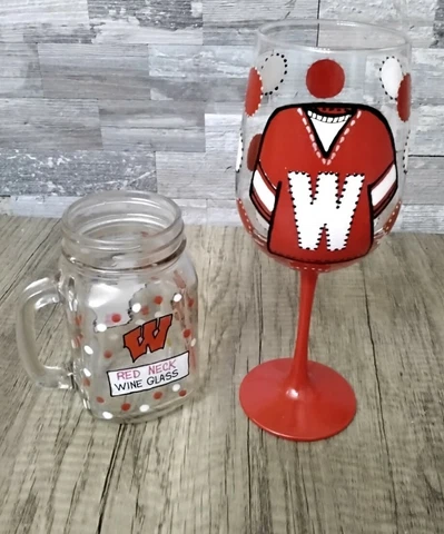 University of Wisconsin Wine Glass Hand Painted, BONUS Red Neck Wine Glass Cover