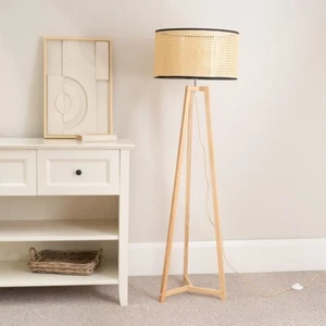 Natural Wood Tripod Floor Lamp Wicker Lampshade Living Room Free Standing Light - Picture 1 of 27