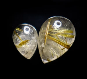 Natural Golden Rutile Quartz Pear Cabochon Gemstone Loose 2 Pcs, 12.00 Ct - Picture 1 of 5