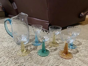 BRYCE BEL AIR CERULEAN BLUE PITCHER & 6 Block OPTIC LIQUOR COCKTAIL Glasses Bar - Picture 1 of 14