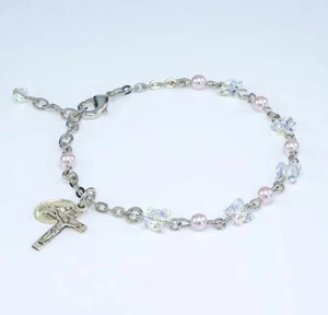 Finest Austrian Crystal and Pink Pearl Butterfly Rosary Bracelet Sterling Medals - Picture 1 of 2
