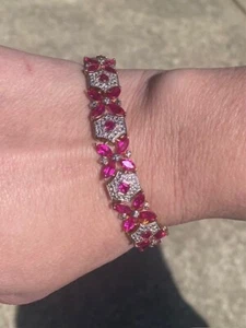Simulated Ruby Beautiful Bracelet 925 Silver Gold Plated - Picture 1 of 5
