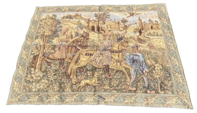Large Tapestry Wall Hanging Falcon Hunt Men Horses Birds Dogs 84 x 62 - Image 1 of 4