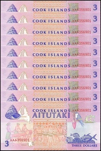 Cook Islands 3 Dollars, 1992 ND, P-7, UNC X 10 PCS - Picture 1 of 2