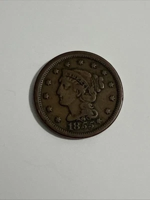 1855 Large Cent Vintage Coin Upright 5 Original Choice Surfaces Fine Range - Image 1 of 2