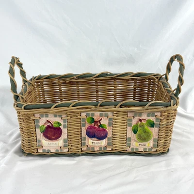 Basket w fruit ceramic tiles, green and tan wicker, 15.75" x 8.75" x8.5" - Image 1 of 4