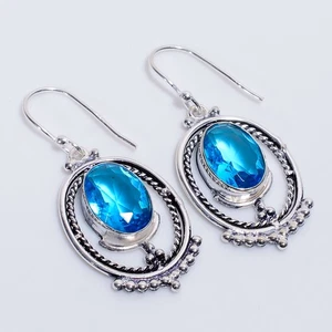 Blue Topaz Gemstone Vintage Handmade 925 Sterling Silver Earrings 1.9" y832 - Picture 1 of 5