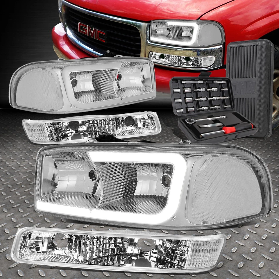 PARA 99-07 GMC SIERRA YUKON LED DRL CROMO/FARO TRANSPARENTE CON LÁMPARA PARACHOQUES + JUEGO DE HERRAMIENTAS Foto 1 de 4
