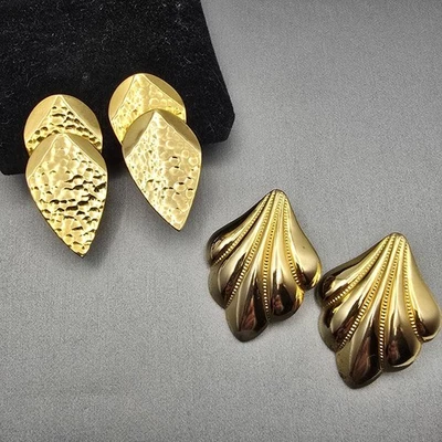 VTG Gold-Tone Textured Clip-On Earrings 80s Layered & Shell Designs Lot of 2 - Image 1 of 4