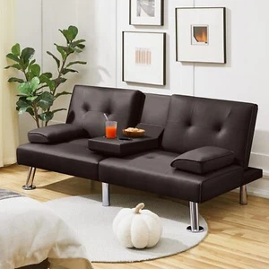 Convertible Sofa Adjustable Couch Sleeper Modern Faux Leather Home Loveseat Home - Picture 1 of 7