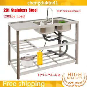 Commercial Stainless Restaurant Kitchen Sink Faucet + Drainboad Set Double Bowl - Picture 1 of 18