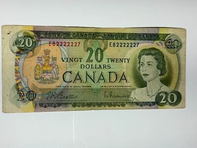 2005 and 1969 $20 Canadian notes matching numbers solid number 2222227 rare bill - Image 1 of 4