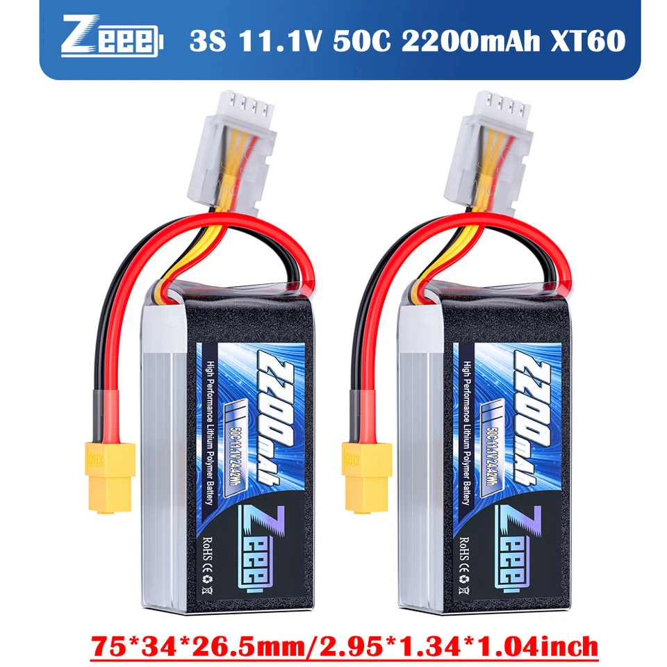 2x Zeee 11.1V 2200mAh 3S Short Lipo Akku Batterie XT60 50C for RC Auto Flugzeug - Bild 1 von 4
