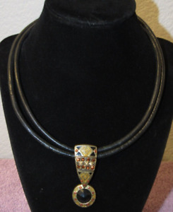 Leather Costume Jewelry Necklace w/ Brass Pendant 16"-19" Long - Signed Chico's