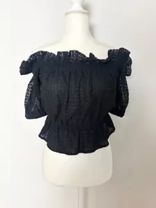 Express Womens Cropped Blouse Size Black Off the Shoulder Embroidered Ruffle - Picture 1 of 10