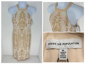 Dress The Population NWT Kiana Sequin Halter Midi Dress Size XL Pearl Multi NEW - Picture 1 of 17