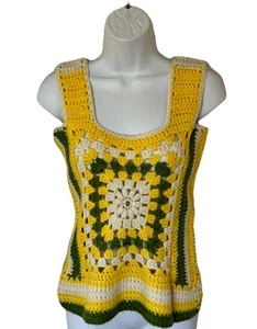 Vintage Crochet Granny Square Reversible Shirt Boho Hippie Size M/L Yellow Green - Photo 1/9