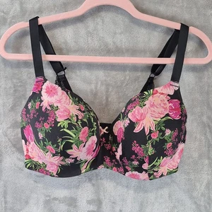 Cacique Bra 36F Lightly Lined Balconette Full Coverage Floral Lace UW Black Pink - Picture 1 of 7