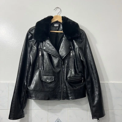 Casaco feminino DKNY grande preto couro sintético motociclista grunge chique motocicleta jaqueta  - Imagem 1 de 4