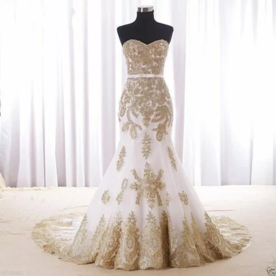 Plus Size Gold Lace Applique White Mermaid Wedding Dresses Bridal Dresses Custom - Image 1 of 4