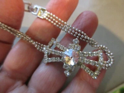 VINTAGE SILVER TONE EDWARDIAN STYLE CRYSTAL CHARM BRACELET VALENTINES DAY GIFT - Image 1 of 3