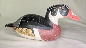 VINTAGE FOLK ART HAND CARVED WOOD DUCK DECOY 12" LONG MALE WOOD DUCK - Picture 1 of 9