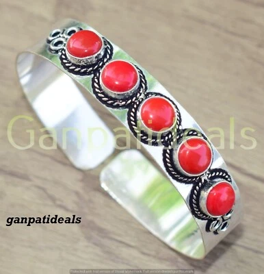 Brazalete brazalete de piedras preciosas de coral rojo lote al por mayor joyería étnica enchapada en plata 925 Foto 1 de 4