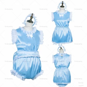 adult sexy cross dressing sissy maid short baby blue satin jumpsuits rompers - Picture 1 of 6