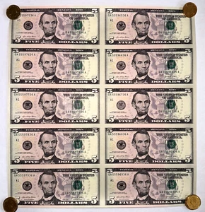 $5 Five Dollar Bills Uncut Currency Sheet of 10 Notes Leaf 2021 - $50 Total - Picture 1 of 1