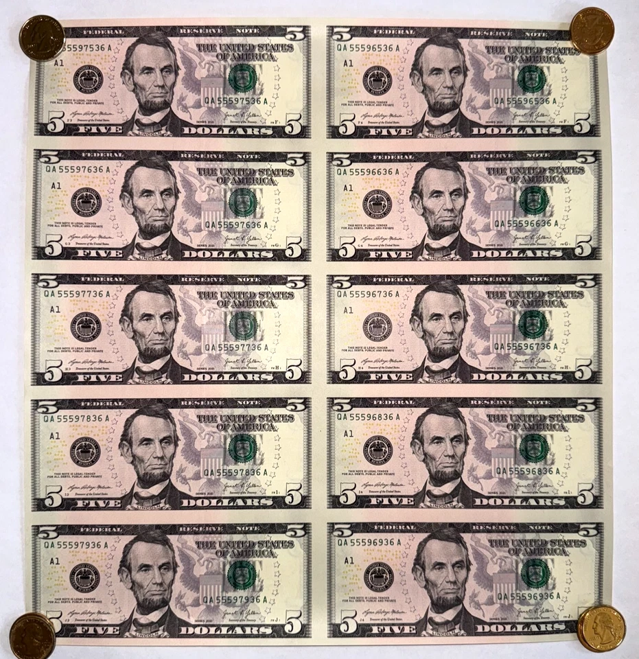 $5 Five Dollar Bills Uncut Currency Sheet of 10 Notes Leaf 2021 - $50 Total - Image 1 of 1