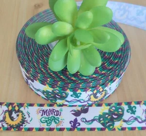 1" (1 YD) Mardi Gras Grosgrain Ribbon Fleur De Lis Green Purple Fat Tuesday - Picture 1 of 1