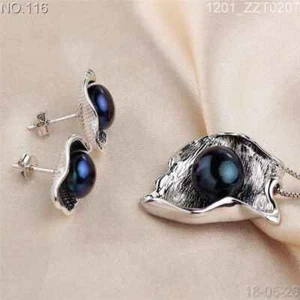 Amazing 925 Sterling Silver 100%Genuine black Pearl Necklace earrings Set  - Picture 1 of 1