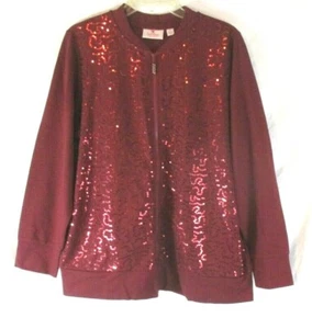 New Quacker Factory Sequin Swirl Bomber Jacket Sz L Wine Zip A296582 Women YD10 - Picture 1 of 6