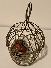 Antique French Silver Tone Wire Egg Basket with Vintage Hand Painted Wooden Egg