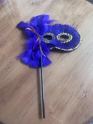 Mardi Gras Hand Held Mask Purple Feathered W/ Gold Embellishments - Image 1 of 4