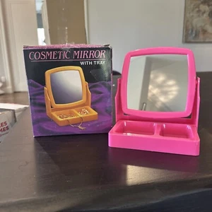 Vintage Plastic Neon PINK Travel Mirror w/ Tray 1980s Cosmetics 90s New W/box - Picture 1 of 7