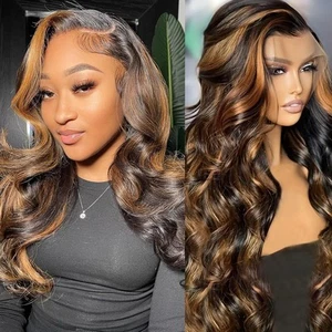 Highlight Lace Front Wig Human Hair Body Wave Ombre Light Brown Human Hair Wi... - Picture 1 of 6