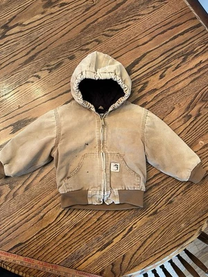 Vintage Style Carhartt Jacket Boys Brown Quilt Hooded Youth 3T Kids Coat J130 - Image 1 of 4