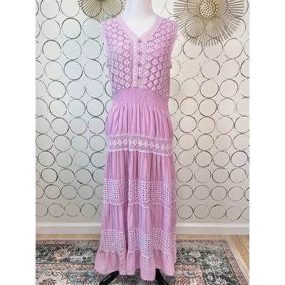 Crochet Tiered Cotton Maxi Dress Womens L Pink Purple Cottage Prairie Flowy Boho - Image 1 of 4